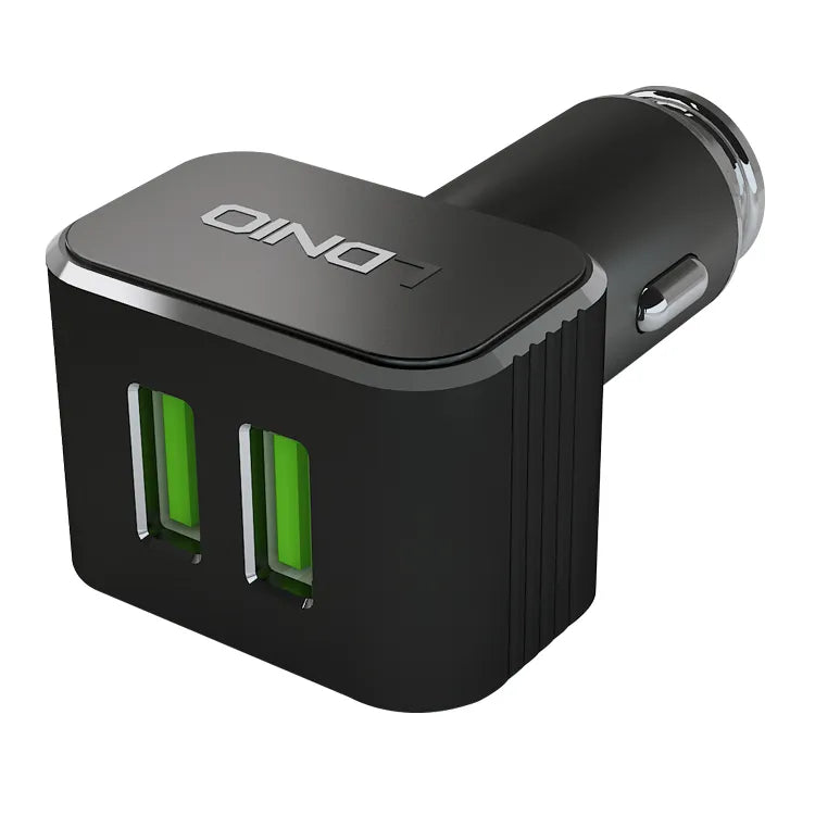 Zwarte LDNIO-autolader met twee groene USB-A-poorten.