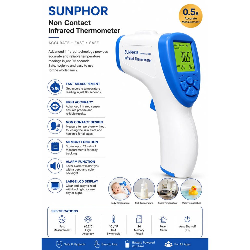 SUNPHOR Infrarood Voorhoofdthermometer – Contactloze Digitale Thermometer – Koortsmeter voor Baby's, Kinderen & Volwassenen – LCD Display – Geheugenfunctie-Ilumina Benelux