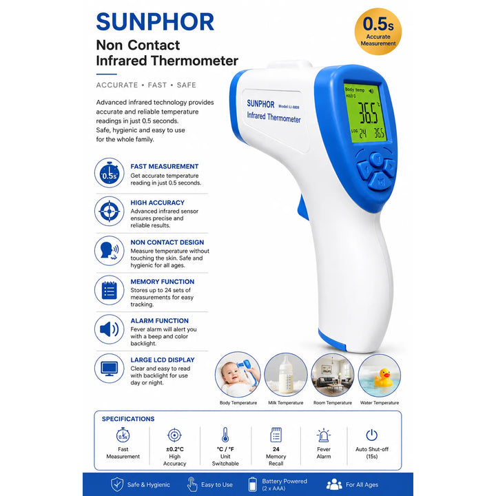 SUNPHOR Infrarood Voorhoofdthermometer – Contactloze Digitale Thermometer – Koortsmeter voor Baby's, Kinderen & Volwassenen – LCD Display – Geheugenfunctie-Ilumina Benelux