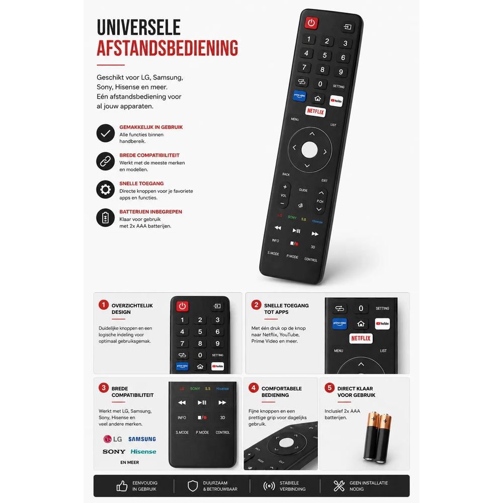 Universele Afstandsbediening voor LG, Samsung, Sony & Hisense TV – Netflix, YouTube & Prime Video Sneltoetsen-Ilumina Benelux