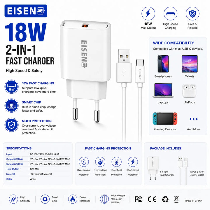18W Snellader met Lightning Kabel – 2-in-1 Fast Charger voor iPhone & iPad Wit-Ilumina Benelux