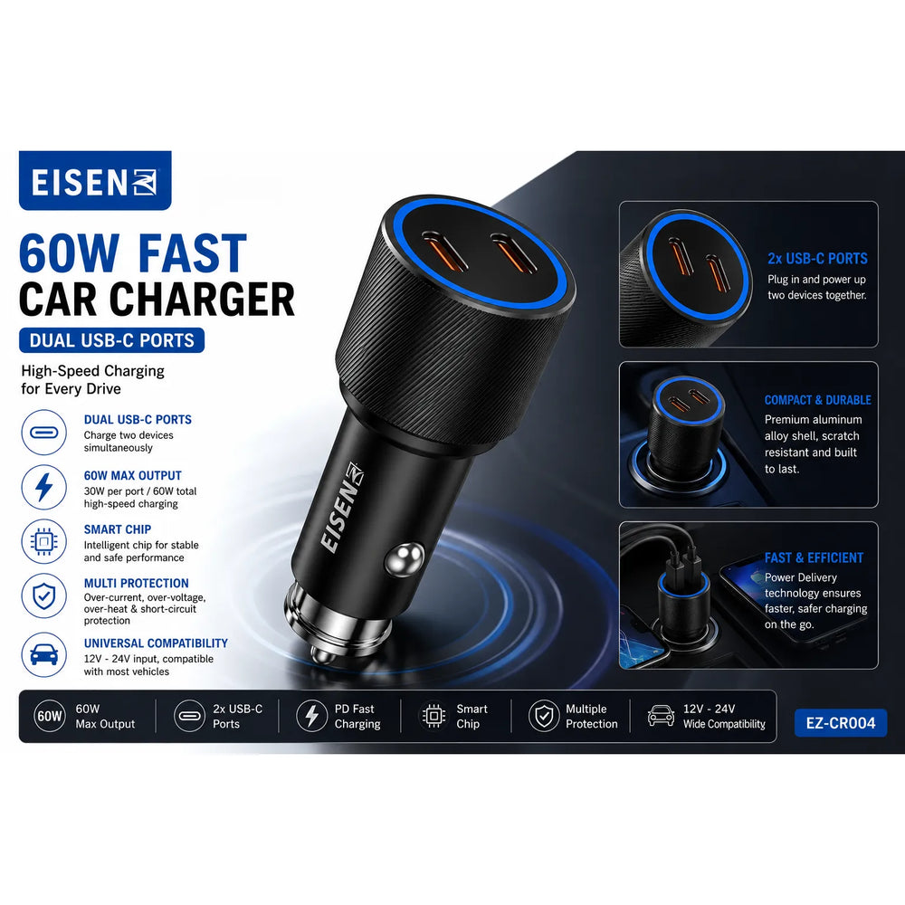 EISEN-autolader in auto-interieur met toelichting op functies.