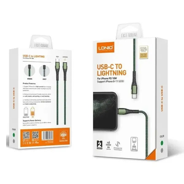 LDNIO LC112 USB-C naar Lightning Kabel – 2 Meter – 30W Fast Charging Touw Kabel – Grijs-Ilumina Benelux