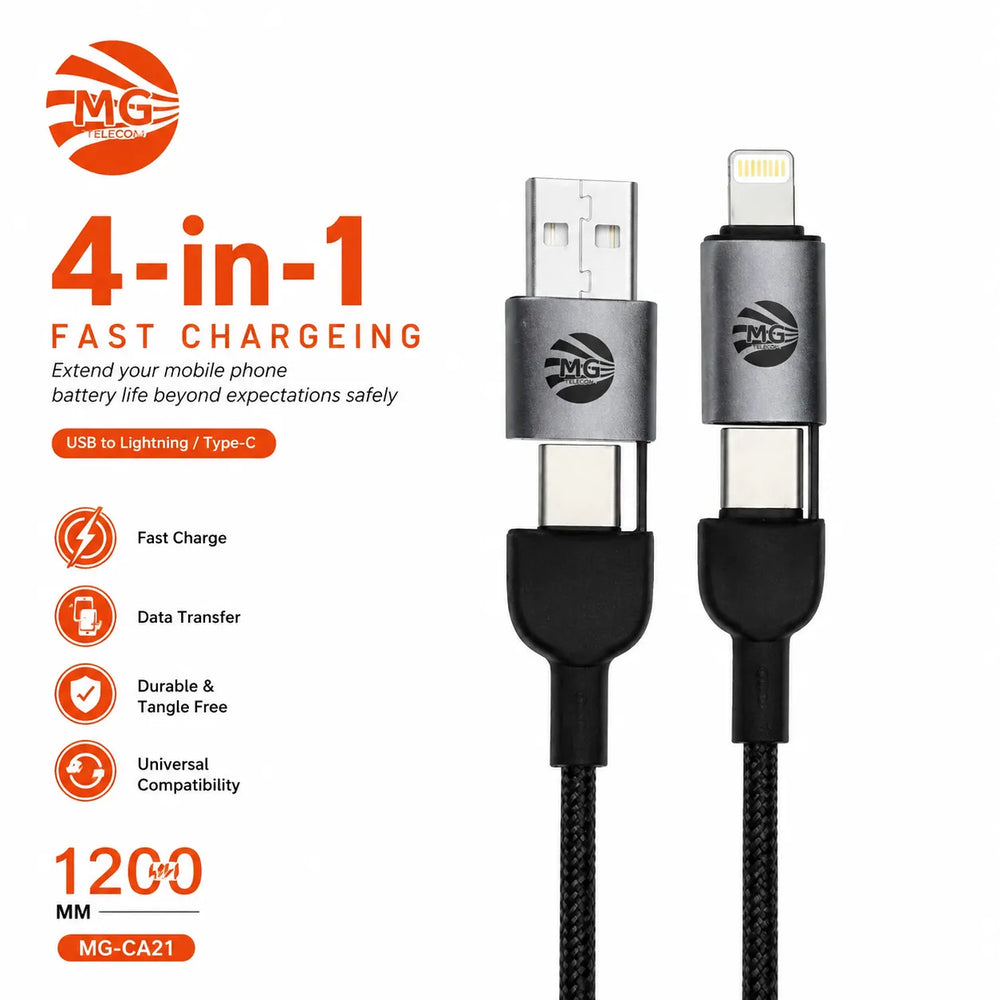 4-in-1 Snellaadkabel – USB naar Lightning & USB-C – 1,2 Meter – Zwart-Ilumina Benelux