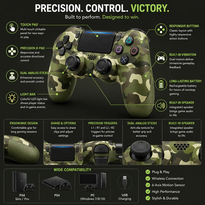 Draadloze Gaming Controller voor PS4 & PC – Camouflage Groen – Dual Vibration – Touchpad – Oplaadbaar-Ilumina Benelux