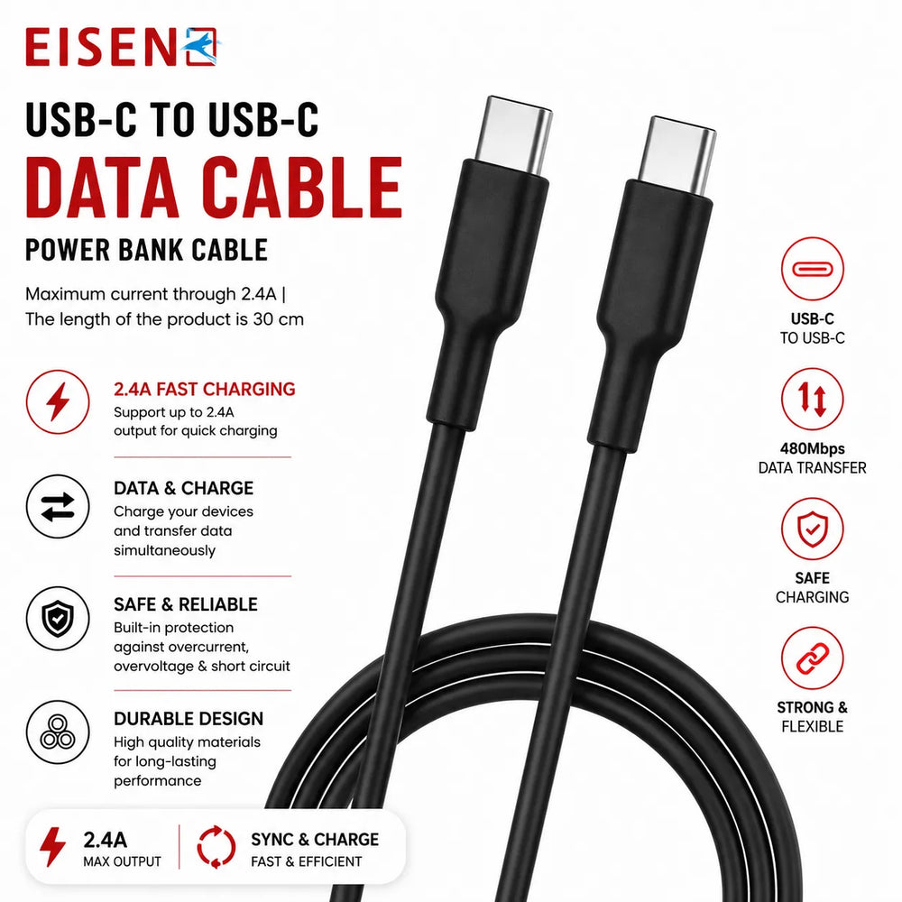 USB-C naar USB-C Data Kabel 30CM - Fast Charging - Zwart-Ilumina Benelux