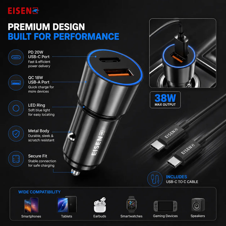 38W Fast Charge Autolader USB-C PD & QC3.0 met USB-C naar Lightning Kabel-Ilumina Benelux