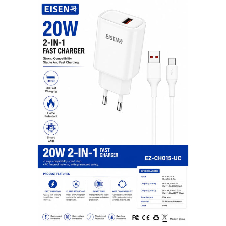 20W USB-C Snellader met USB-A naar USB-C Kabel – 2-in-1 Fast Charger Wit-Ilumina Benelux