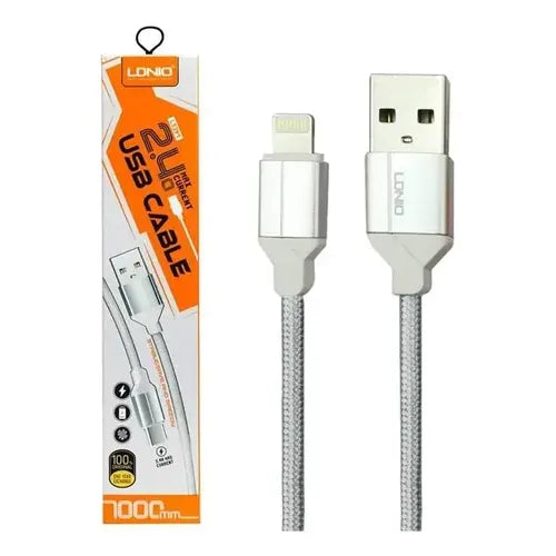 LDNIO LS391 USB-A naar Lightning Kabel – 1 Meter – Nylon Fast Charging Datakabel – Wit-Ilumina Benelux