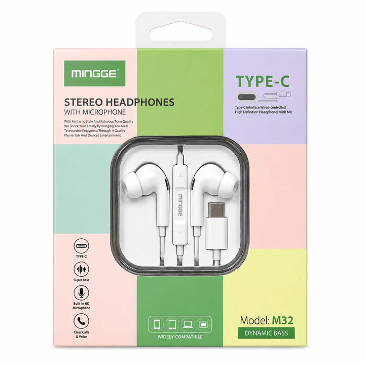 Mingge M32 Type-C Stereo Oordopjes met Microfoon – USB-C Bedrade Headset – Dynamic Bass – Wit-Ilumina Benelux
