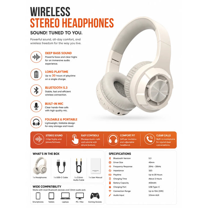 Draadloze Bluetooth Koptelefoon – Over-Ear Headset met Microfoon – Bluetooth 5.3 – 20 Uur Batterijduur – Wit-Ilumina Benelux