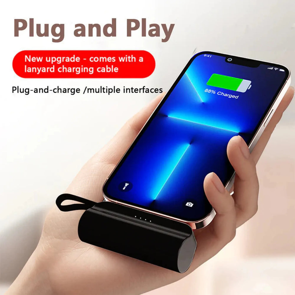 Mini Powerbank 3000mAh met Lightning & USB-C Connector – Compacte Noodlader voor iPhone & Android – Zwart