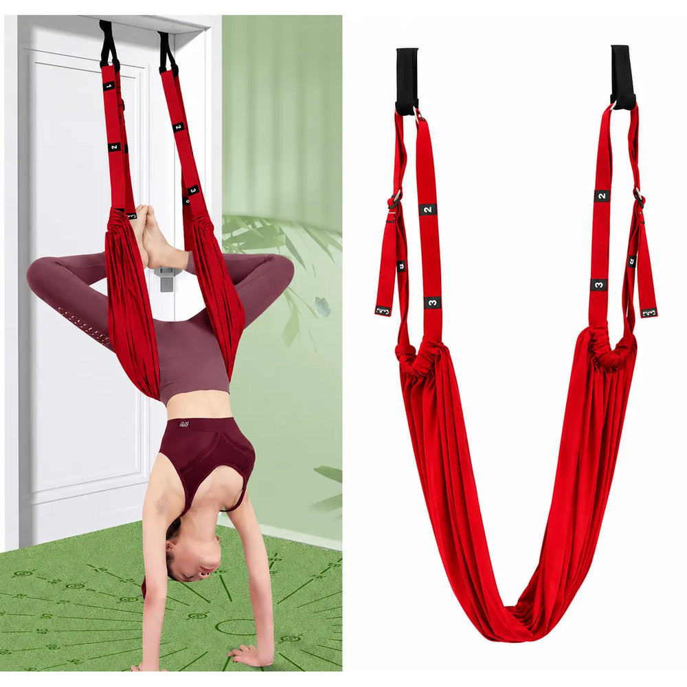 Yoga Hangmat met Deuranker – Stretchband voor Yoga, Pilates & Fitness – Aerial Yoga Trainer – Verstelbare Yogariem – Rood-Ilumina Benelux