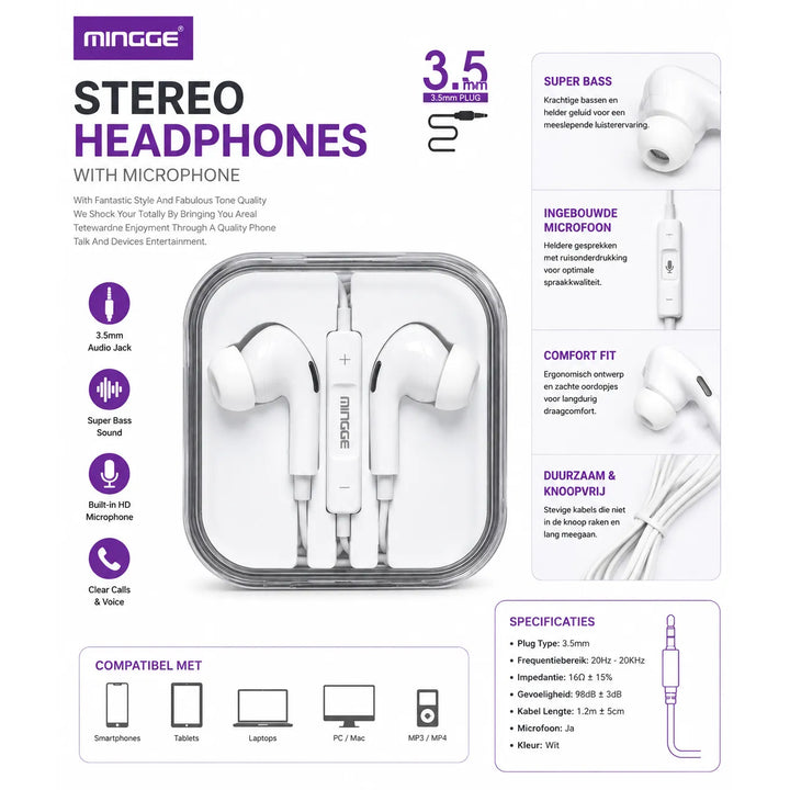 Mingge M31 Stereo Oordopjes met Microfoon – 3.5mm Bedrade Headset – Wit-Ilumina Benelux