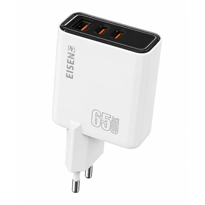 65W GaN Snellader met 2x USB-C en USB-A Fast Charger – Witte Adapter-Ilumina Benelux