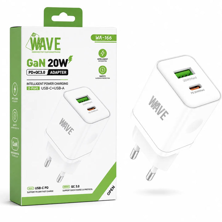 GaN Snellader 20W USB-C PD + USB-A QC 3.0 – 2 Poorten – Compacte Reisoplader Wit-Ilumina Benelux