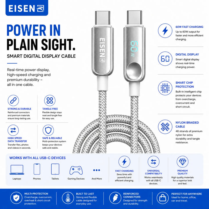 60W USB-C naar USB-C Hidden Digital Display Kabel 2 Meter-Ilumina Benelux