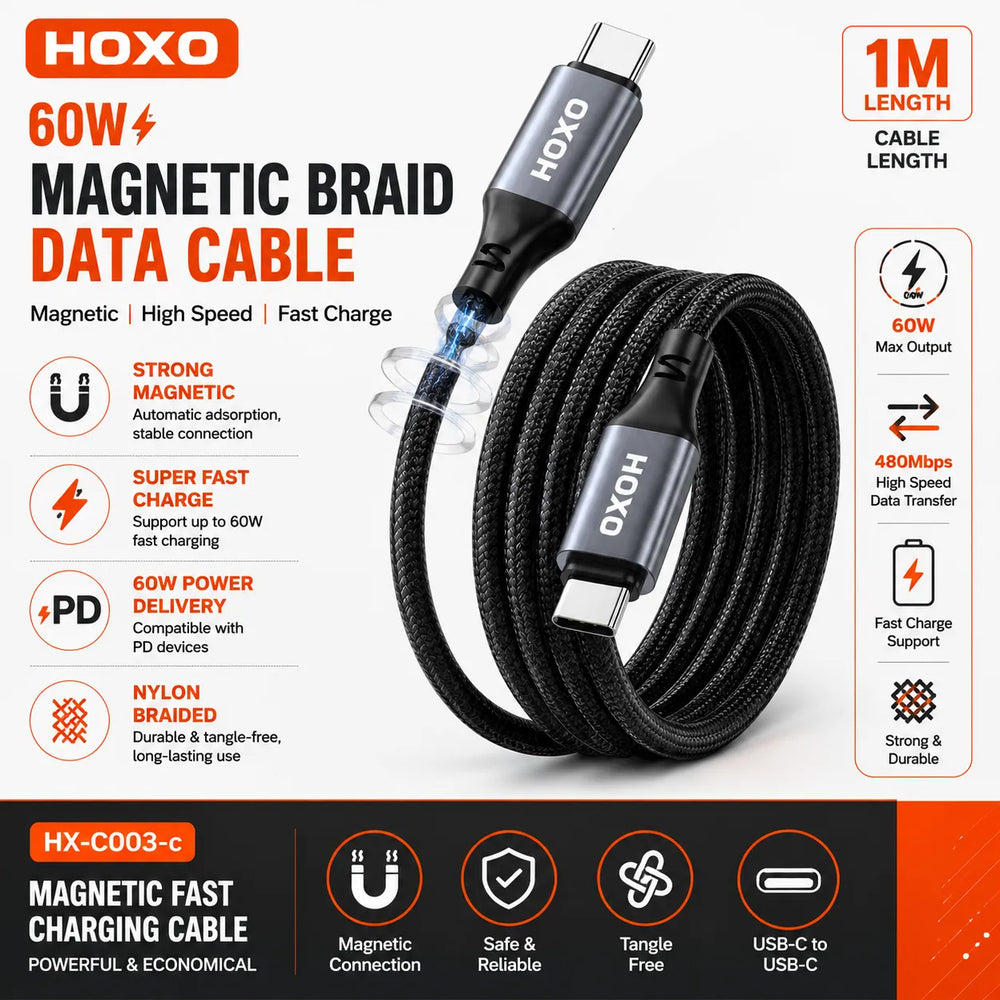 Magnetic Braid USB-C naar USB-C Data Kabel 60W 1 Meter
