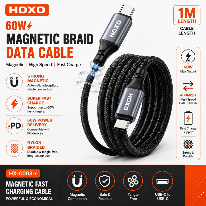 Magnetic Braid USB-C naar USB-C Data Kabel 60W 1 Meter-Ilumina Benelux