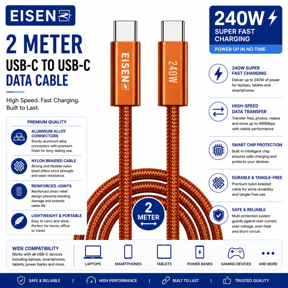 240W USB-C naar USB-C Snellaadkabel 2 Meter Gevlochten-Ilumina Benelux