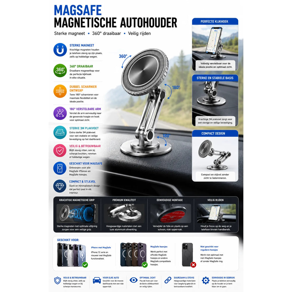 MagSafe Magnetische Autohouder Dashboard – 360° Draaibaar – Verstelbare Telefoonhouder
