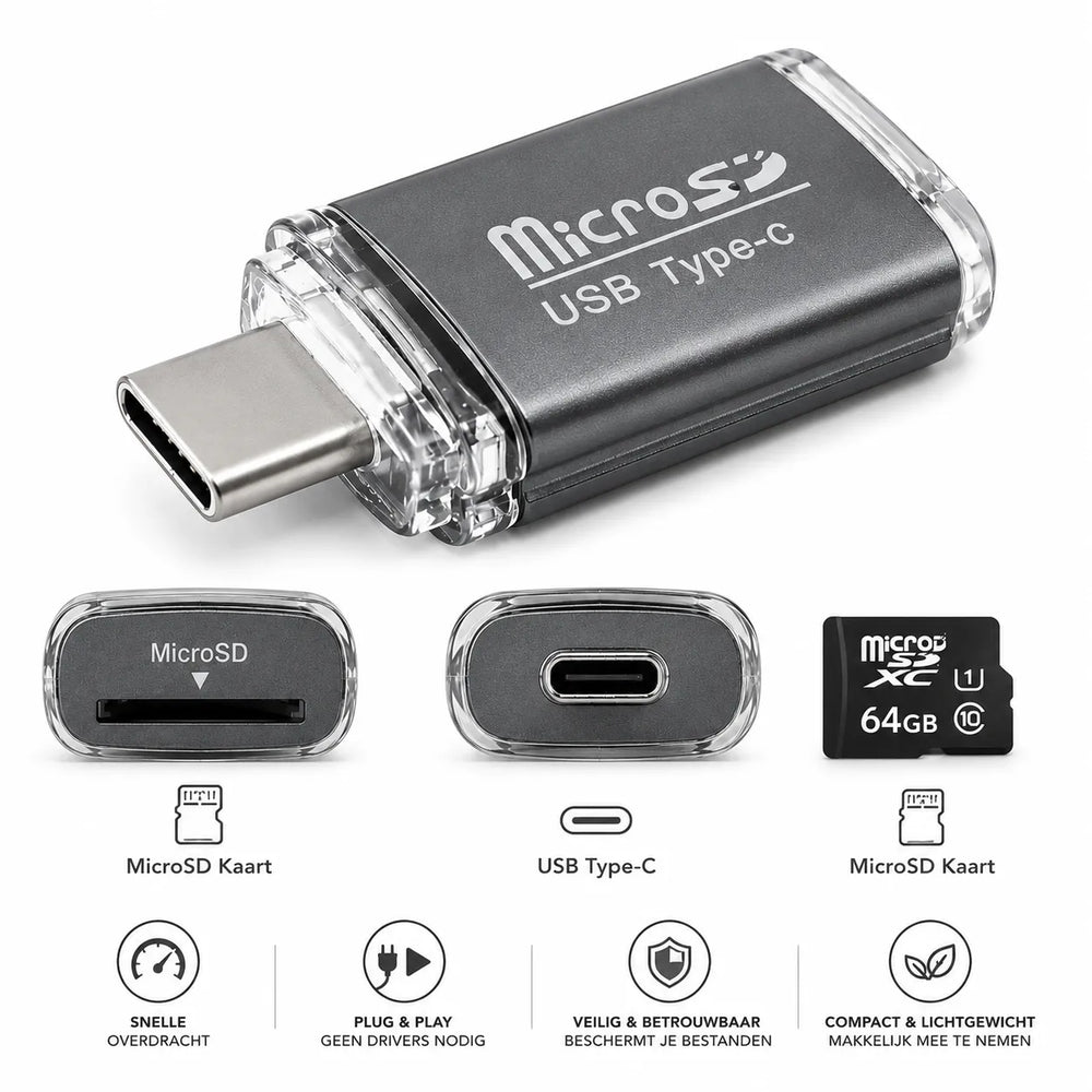 USB-C MicroSD Kaartlezer – MicroSD Geheugenkaart Adapter – OTG Card Reader – Ondersteunt tot 512GB – Grijs