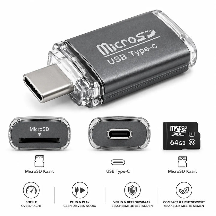 USB-C MicroSD Kaartlezer – MicroSD Geheugenkaart Adapter – OTG Card Reader – Ondersteunt tot 512GB – Grijs