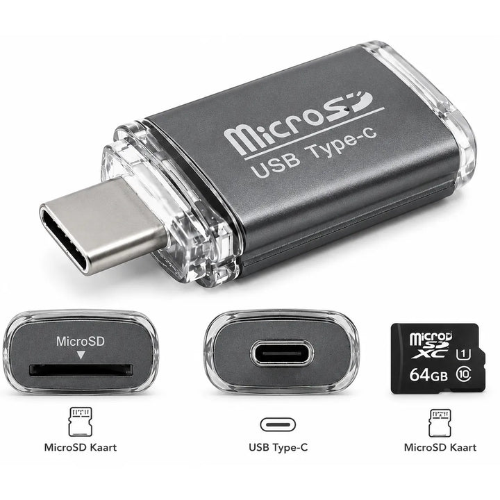USB-C MicroSD Kaartlezer – MicroSD Geheugenkaart Adapter – OTG Card Reader – Ondersteunt tot 512GB – Grijs