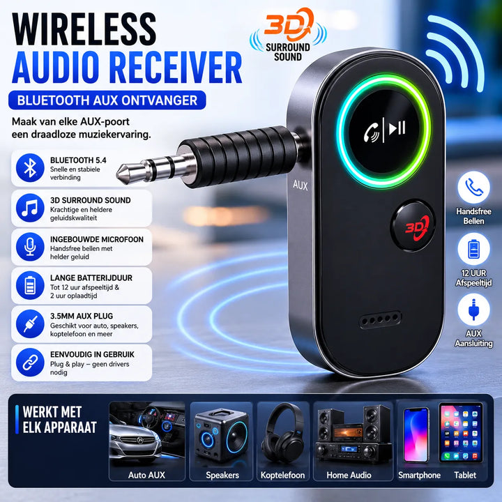 Bluetooth Receiver met 3D Bass Boost & Handsfree Bellen – Bluetooth 5.4 AUX Adapter voor Auto, PS5, Nintendo Switch & Versterker-Ilumina Benelux