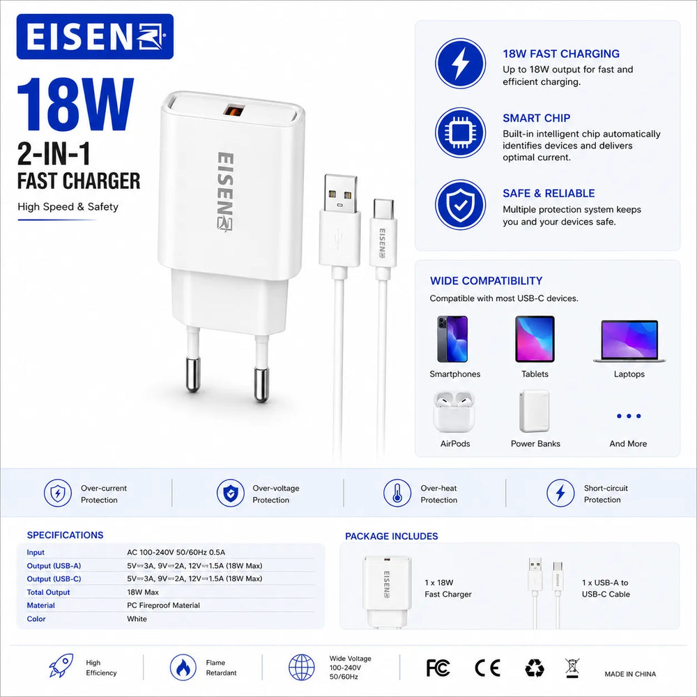18W Snellader met Lightning Kabel – 2-in-1 Fast Charger voor iPhone & iPad Wit-Ilumina Benelux