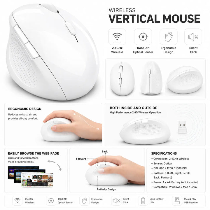 Ergonomische Draadloze Muis – 2.4GHz Optische Computermuis – 1200 DPI – Rechtshandig Design – USB Ontvanger – Wit-Ilumina Benelux