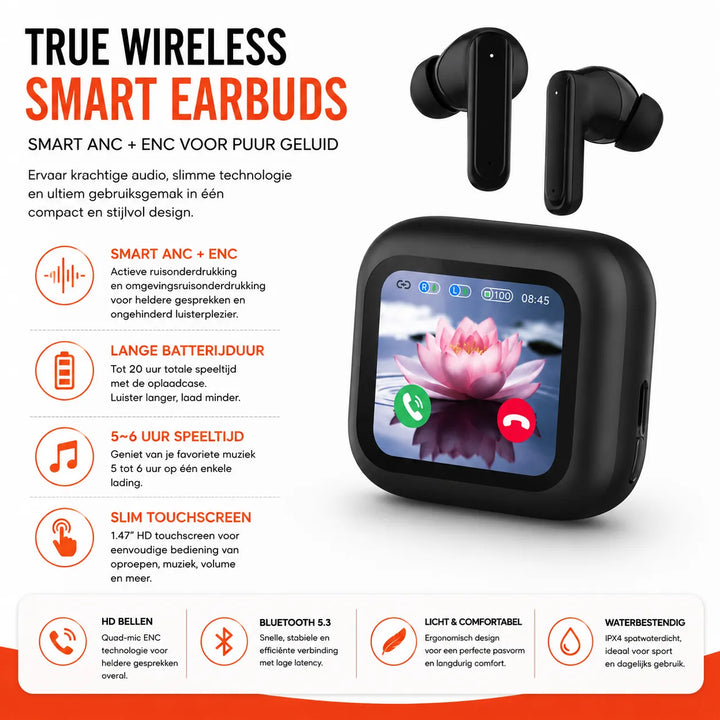 Draadloze Bluetooth Oordopjes met ANC & ENC – Touchscreen Display – TWS Earbuds – Zwart-Ilumina Benelux