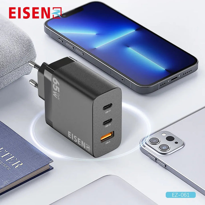 65W GaN Snellader met 2x USB-C PD en USB-A – Compacte Fast Charger-Ilumina Benelux