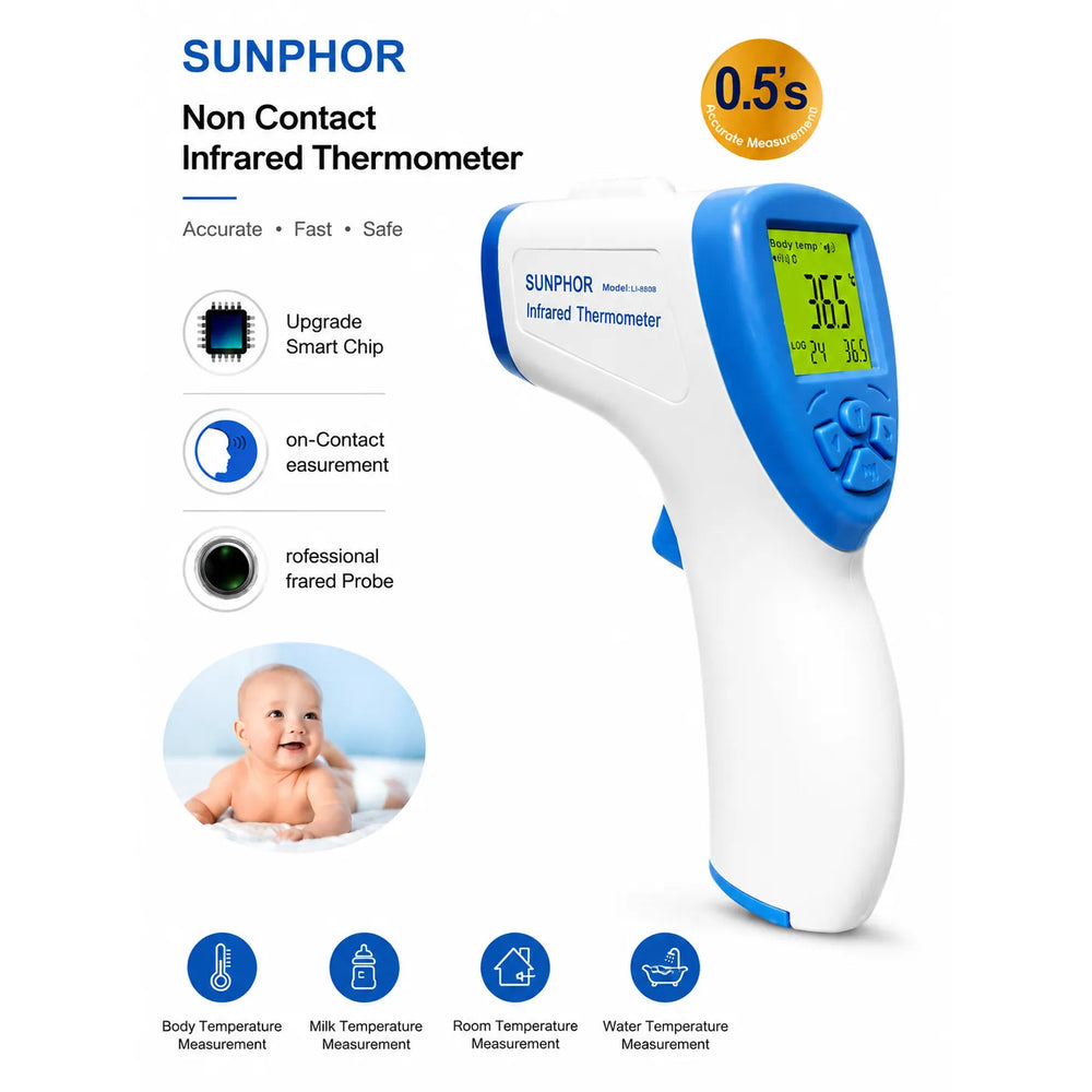SUNPHOR Infrarood Voorhoofdthermometer – Contactloze Digitale Thermometer – Koortsmeter voor Baby's, Kinderen & Volwassenen – LCD Display – Geheugenfunctie-Ilumina Benelux