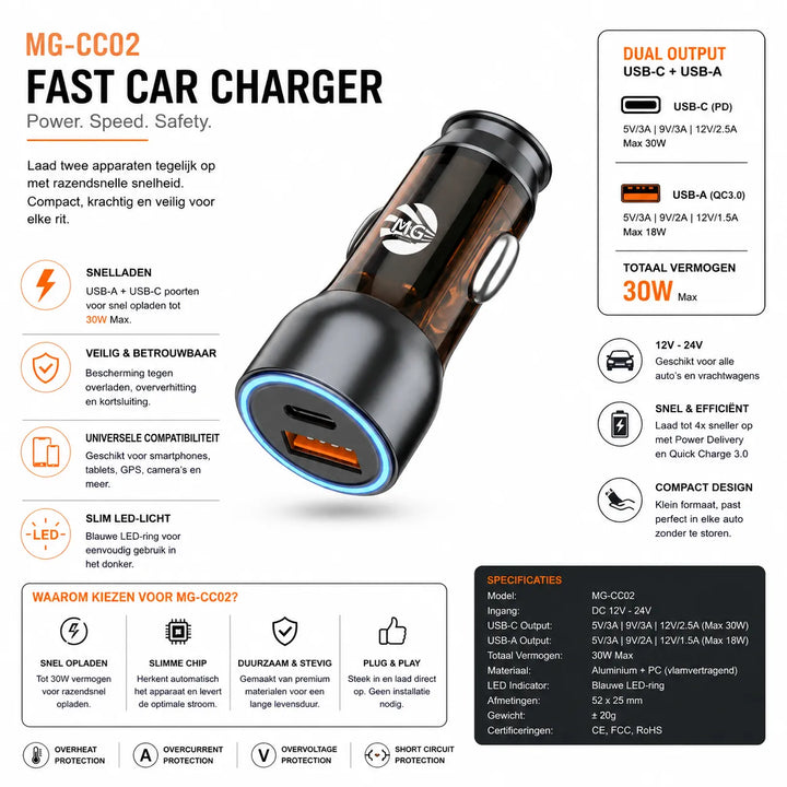 Autolader Dual USB + USB-C 38W Snellader – Sigarettenaansteker – Zwart-Ilumina Benelux