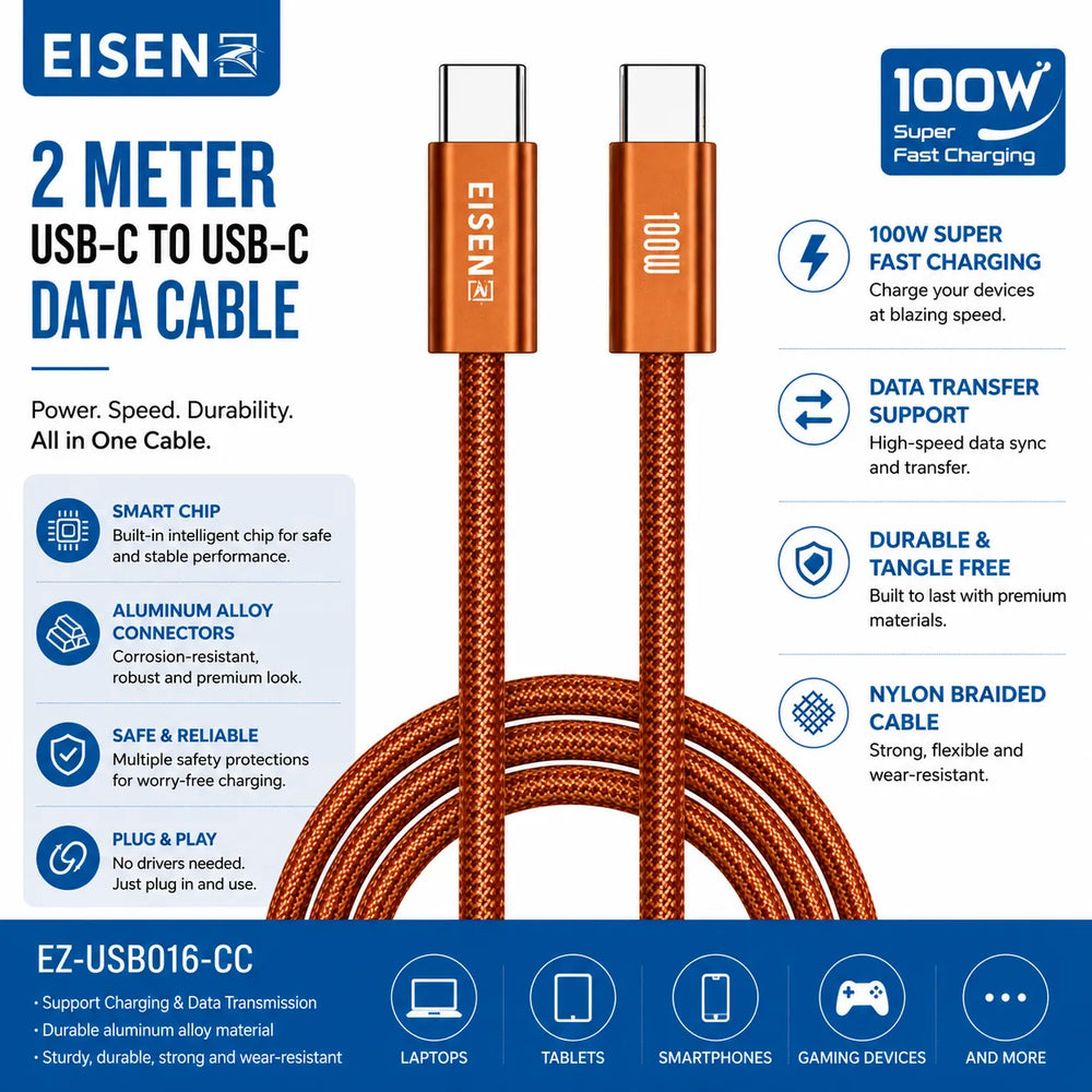 100W USB-C naar USB-C Data Kabel 2 Meter - EZ-USB016-CC-Ilumina Benelux