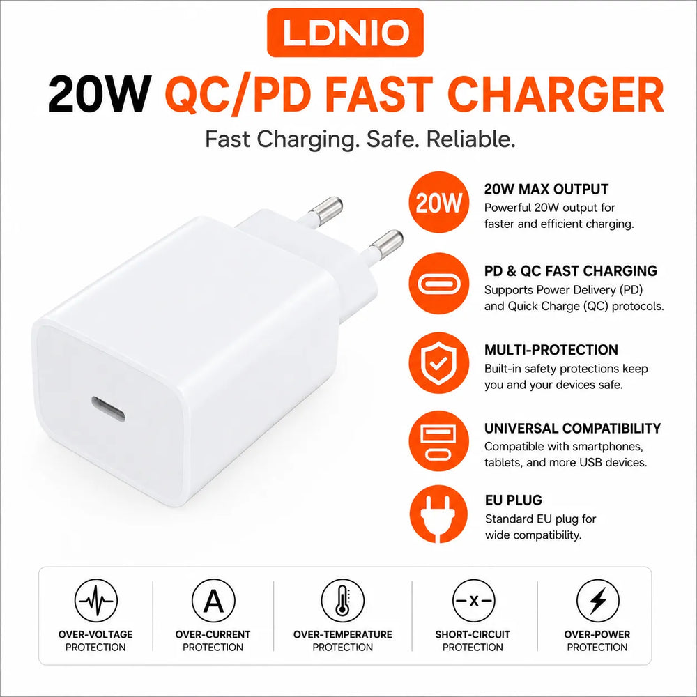 USB-C Adapter 20W - Snellader USB-C - PD Fast Charger - Universele USB-C Oplader - USB-C Lader voor iPhone & Samsung - Wit-Ilumina Benelux