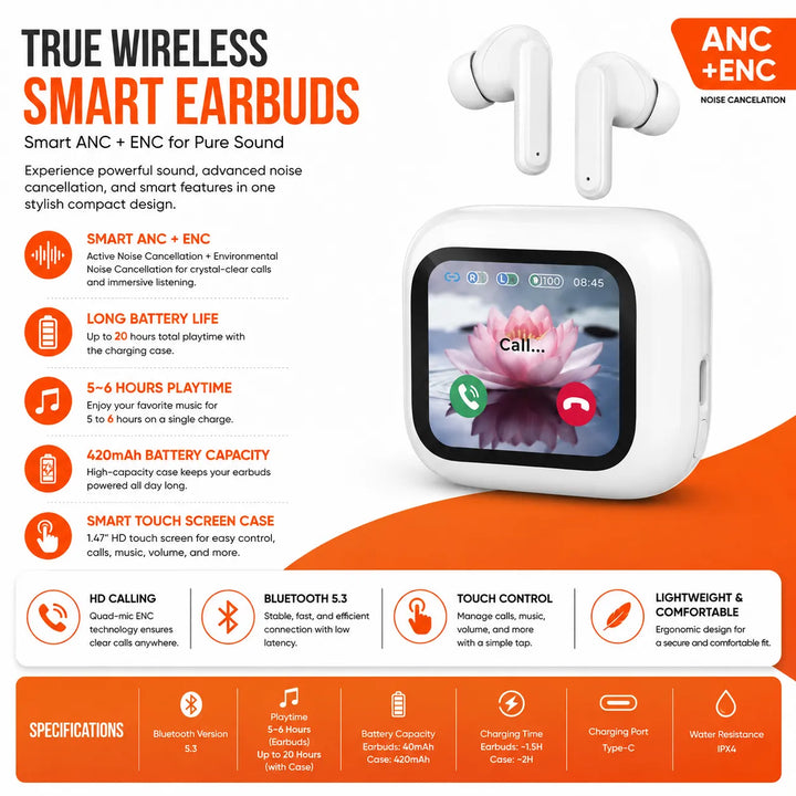 Draadloze Bluetooth Oordopjes met ANC & ENC – Touchscreen Display – TWS Earbuds – Wit-Ilumina Benelux