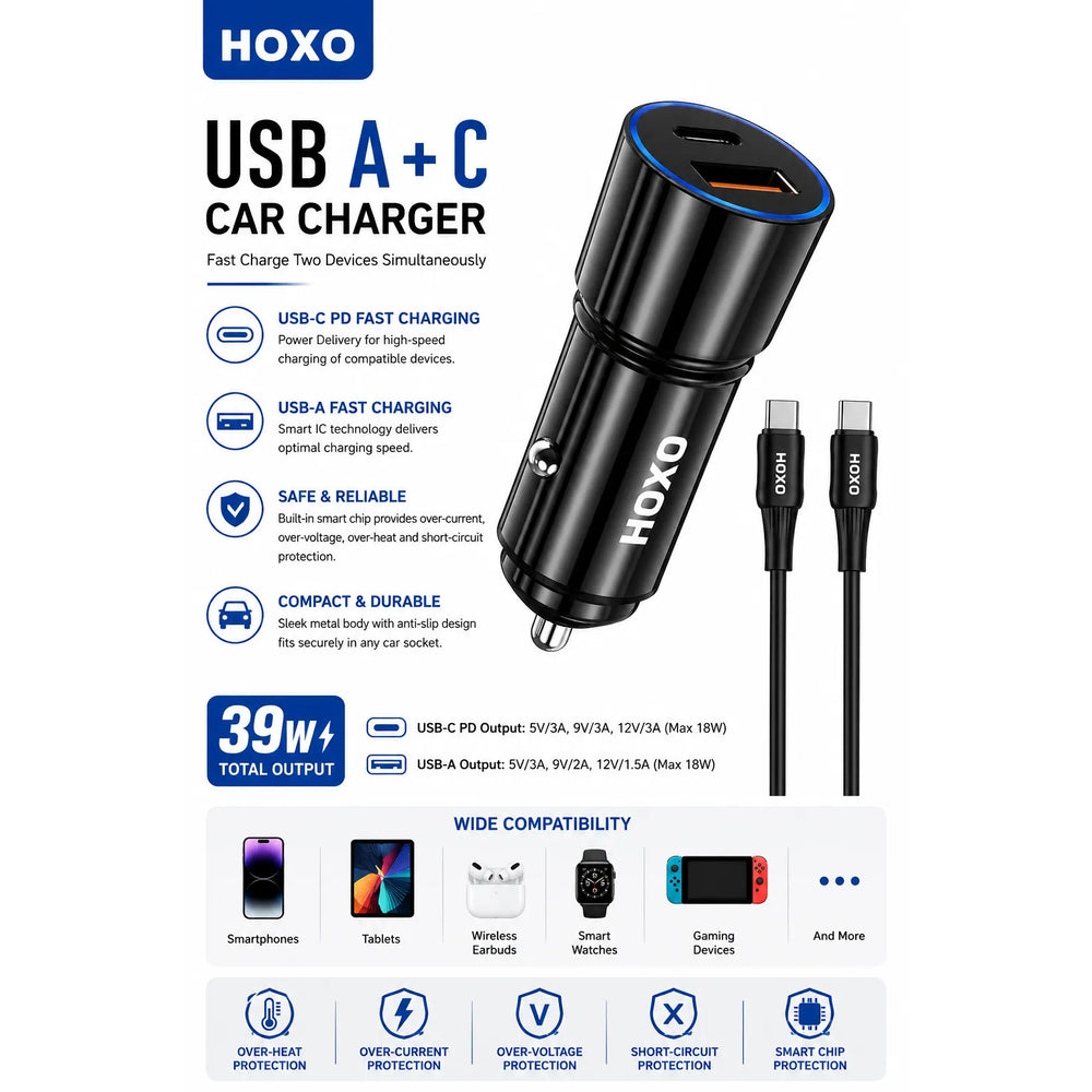 38W USB-C PD + USB-A QC Fast Charge Autolader met USB-C Kabel-Ilumina Benelux