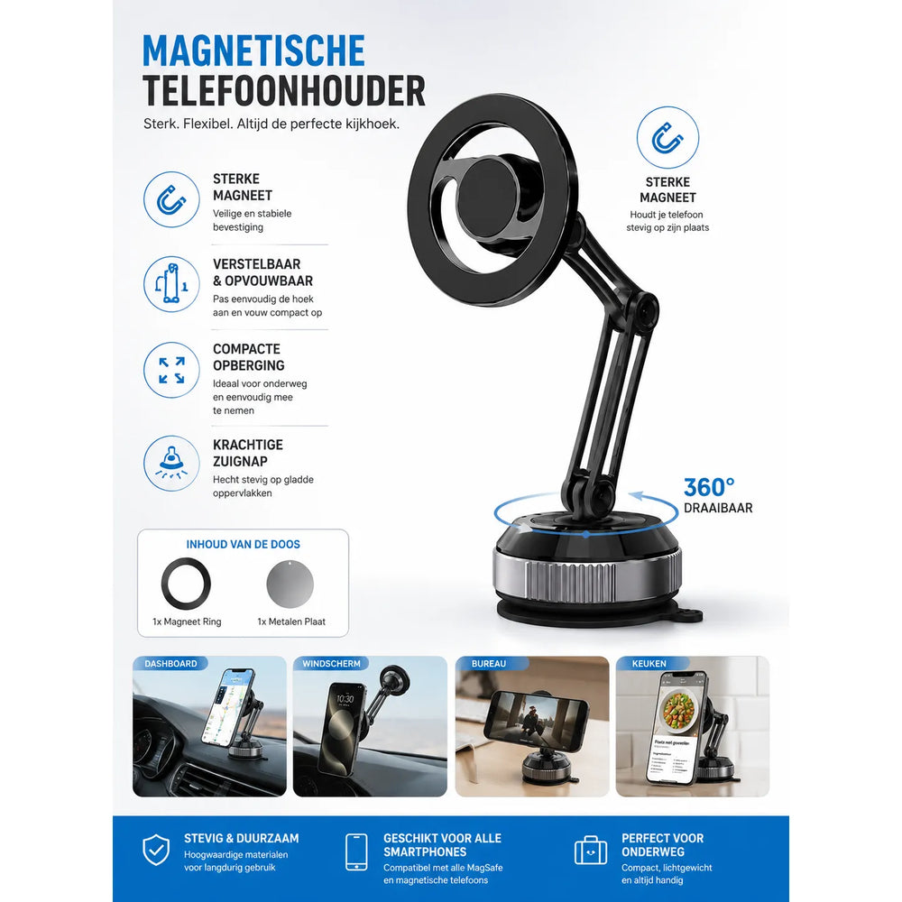 MagSafe Vacuüm Telefoonhouder – Sterke Zuignap – 360° Draaibaar – Opvouwbaar – Dashboard, Bureau & Ramen – Zwart