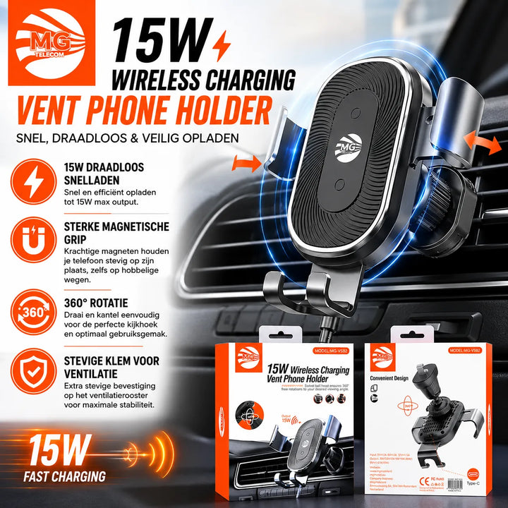 Draadloze Auto Telefoonhouder met 15W Snelladen – Ventilatierooster – Zwart-Ilumina Benelux