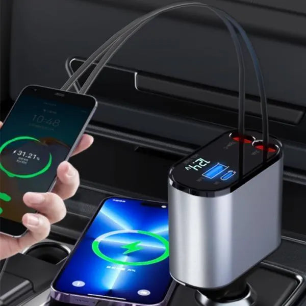 45W Fast Charge Autolader met Oprolbare USB-C & Lightning Kabel USB-C + USB-A-Ilumina Benelux
