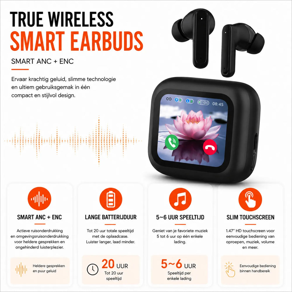 Draadloze Bluetooth Oordopjes met ANC & ENC – Touchscreen Display – TWS Earbuds – Zwart-Ilumina Benelux