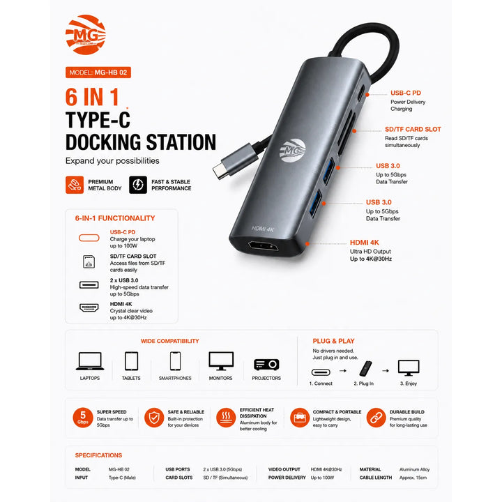 6-in-1 USB-C Hub – Type-C naar HDMI Adapter – Docking Station-Ilumina Benelux