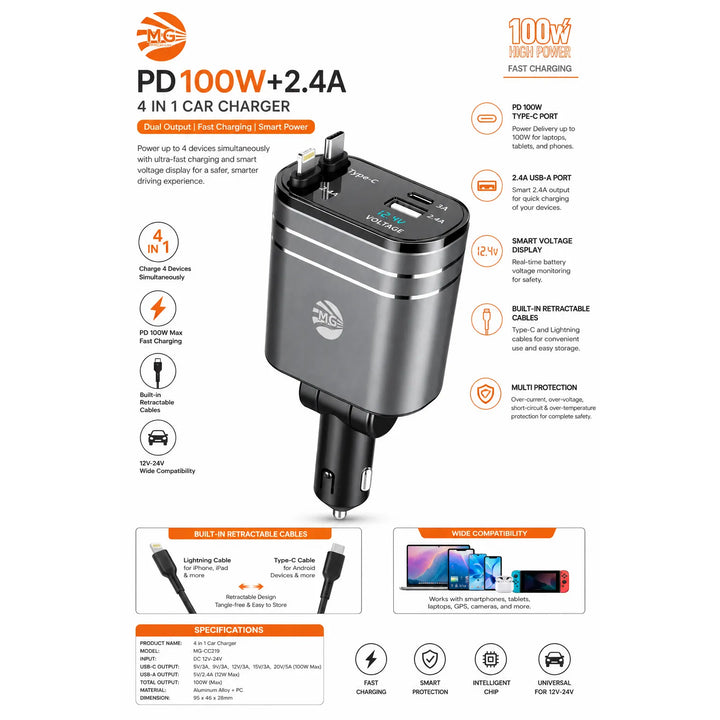 4-in-1 Autolader – 120W – USB-C PD 100W – USB-A 2.4A – Uitschuifbare Kabels – Snellader Auto-Ilumina Benelux