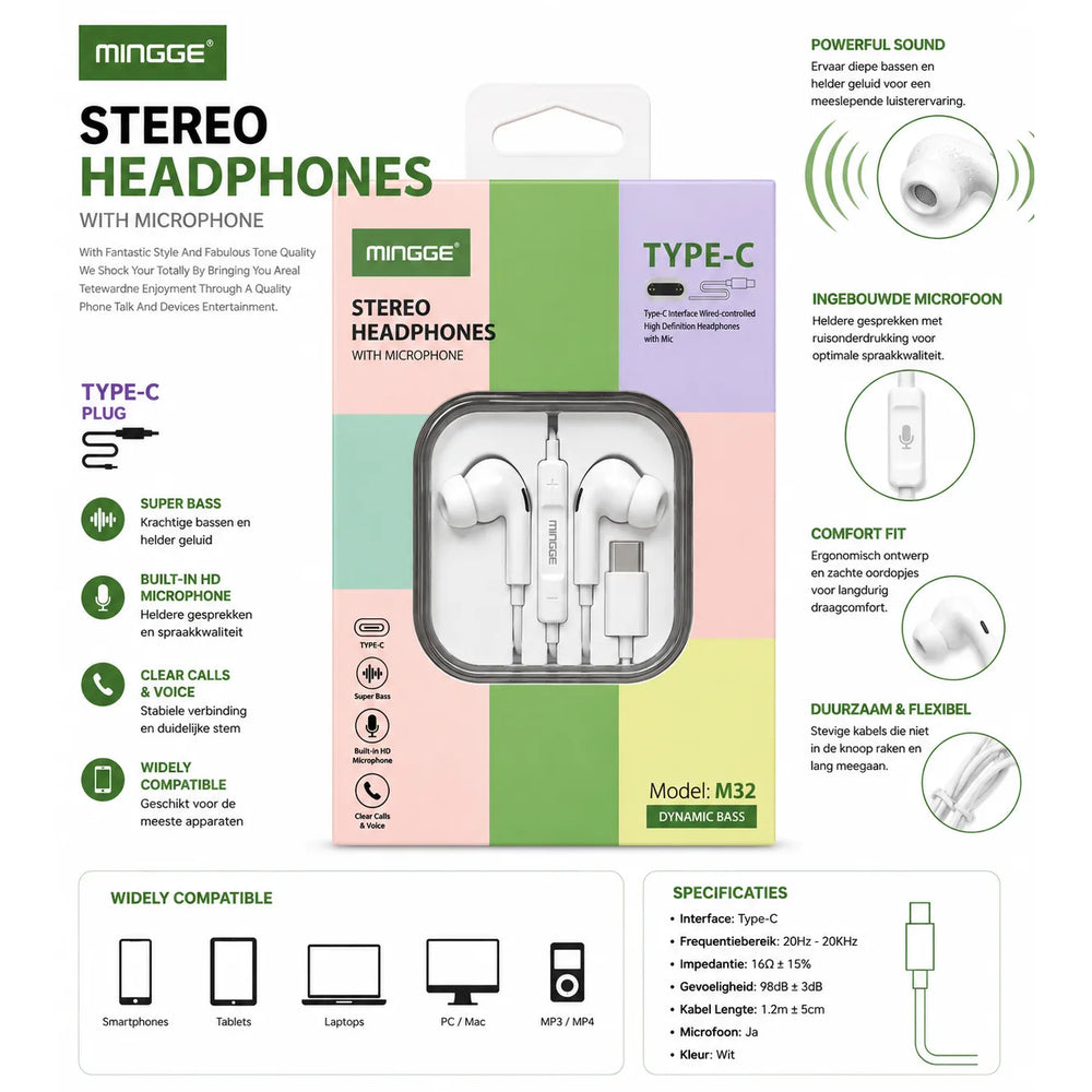Mingge M32 Type-C Stereo Oordopjes met Microfoon – USB-C Bedrade Headset – Dynamic Bass – Wit-Ilumina Benelux