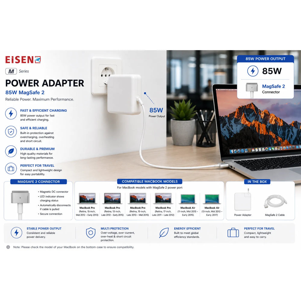 85W MagSafe 2 MacBook Oplader – Adapter voor MacBook Pro Retina 15 inch (2012-2015) – Wit
