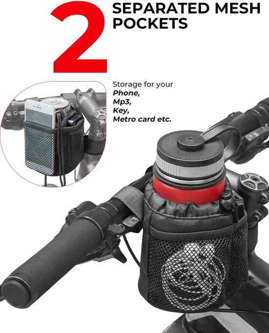 Fiets bekerhouder – Stuurhouder met mesh vakken – Telefoontas – Voor fiets scooter rolstoel kinderwagen – Zwart-Ilumina Benelux