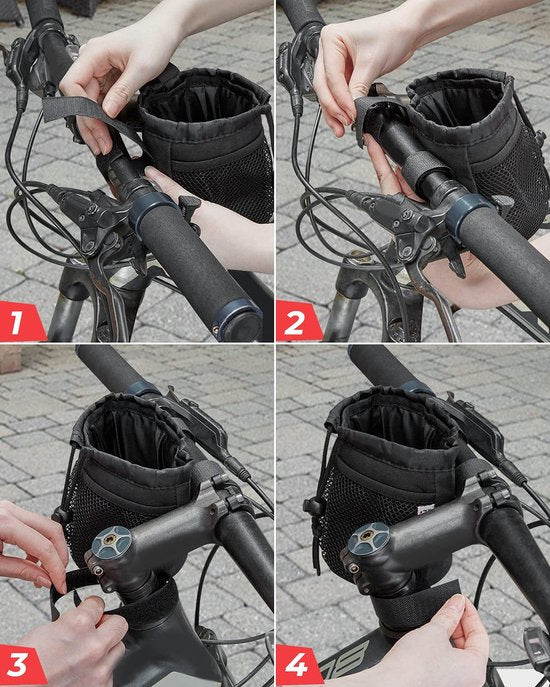 Fiets bekerhouder – Stuurhouder met mesh vakken – Telefoontas – Voor fiets scooter rolstoel kinderwagen – Zwart-Ilumina Benelux