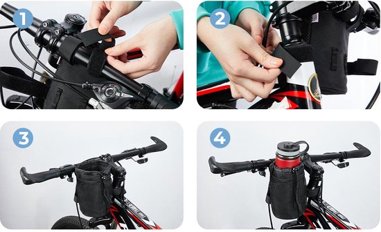Fiets bekerhouder – Stuurhouder met mesh vakken – Telefoontas – Voor fiets scooter rolstoel kinderwagen – Zwart-Ilumina Benelux